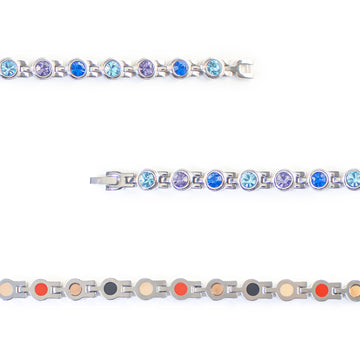 Close-up of Symphony bracelet showing alternating colorful crystal links.